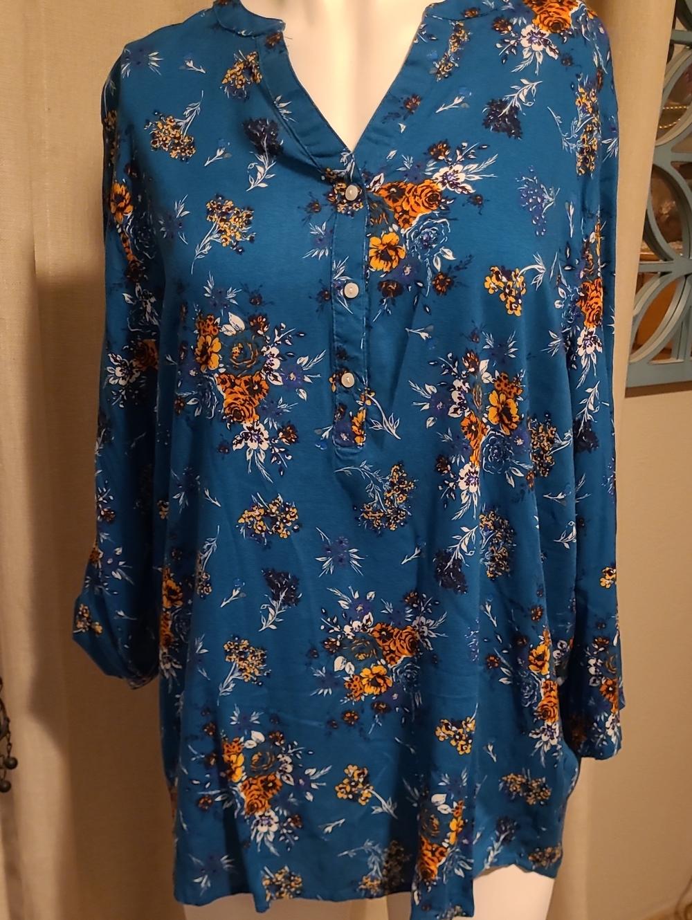 Basic Editions Teal Floral Button-Up Henley Top
